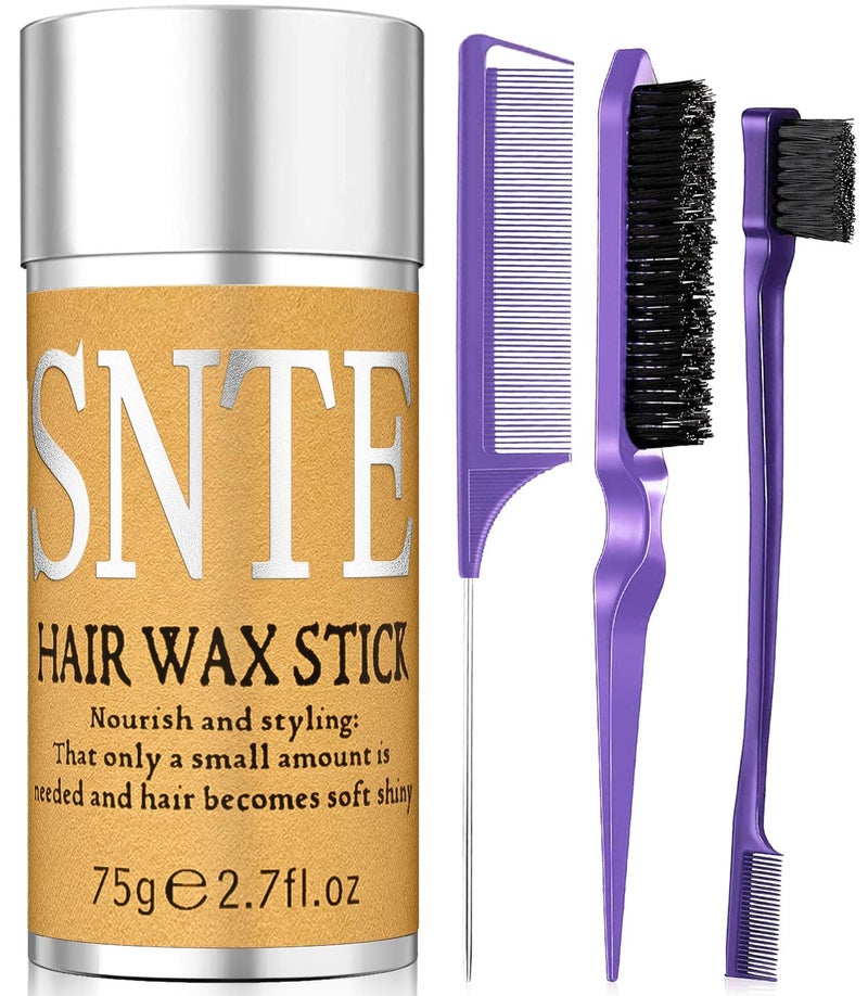 Samnyte Slick Back Hair Brush (Purple), Hair Wax Stick Set, Taming Flyaways for Sleek Ponytail & Bun Styling, Hair Accessories for Teen Girls, Kids, and Women - Image 1